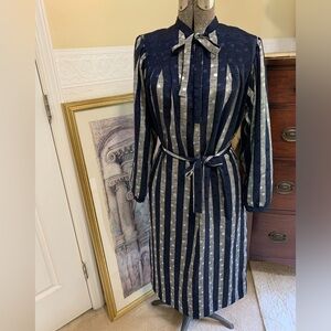 Vintage 70’s Long Sleeve Satin Blue & Silver Striped Polka Dot Dress Size 12